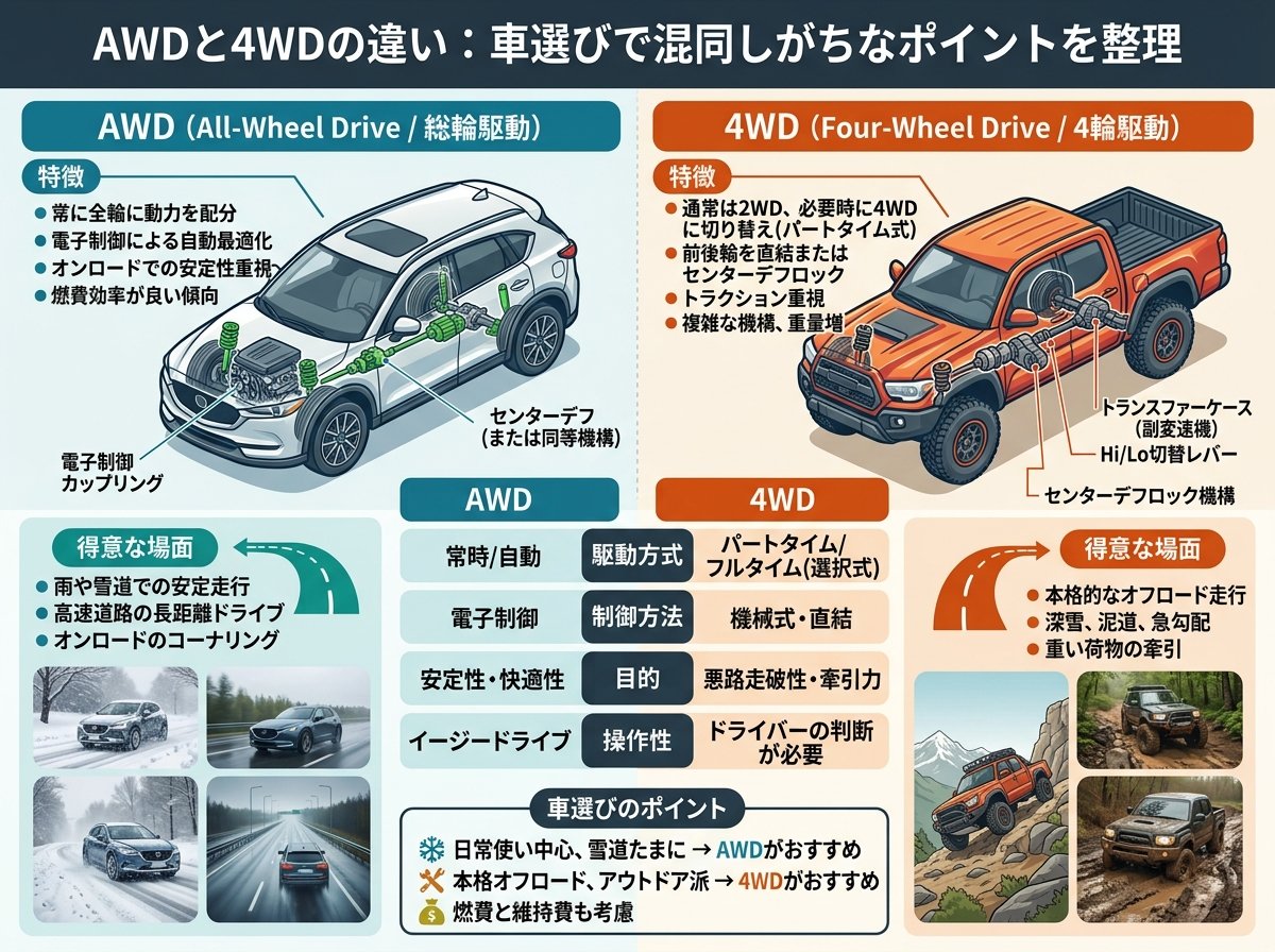 AWDと4WDの違い:車選びで混同しがちなポイントを整理