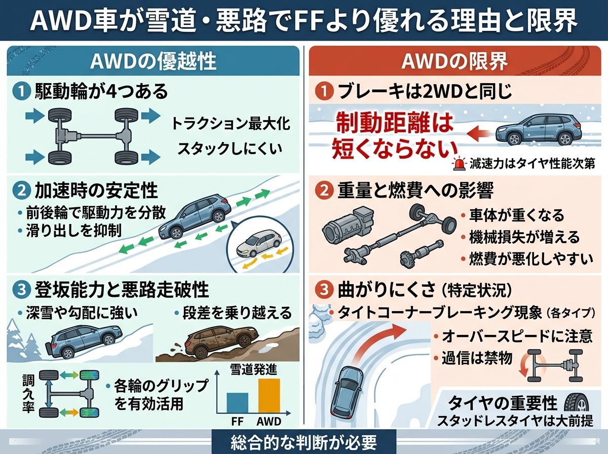 AWD車が雪道・悪路でFFより優れる理由と限界