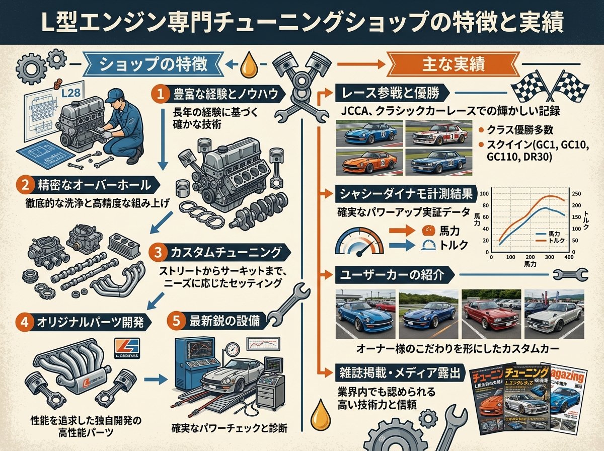 L型エンジン専門チューニングショップの特徴と実績