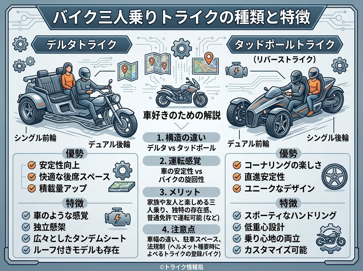 バイク三人乗りトライクの種類と特徴