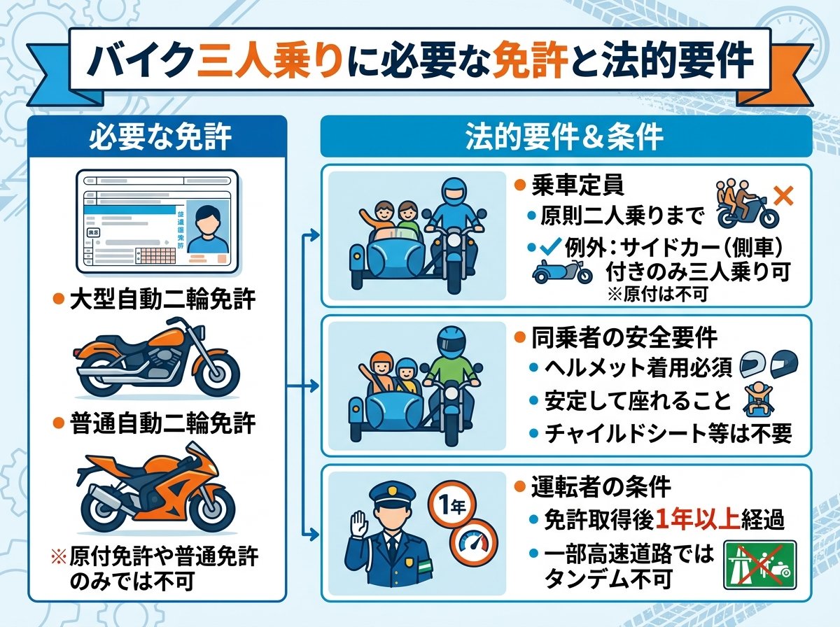 バイク三人乗りに必要な免許と法的要件