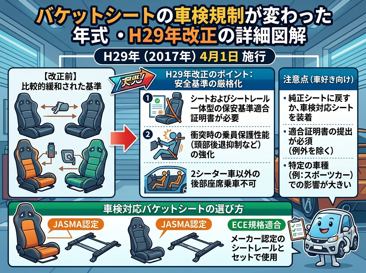 バケットシートの車検が変わった年式・H29年改正の詳細