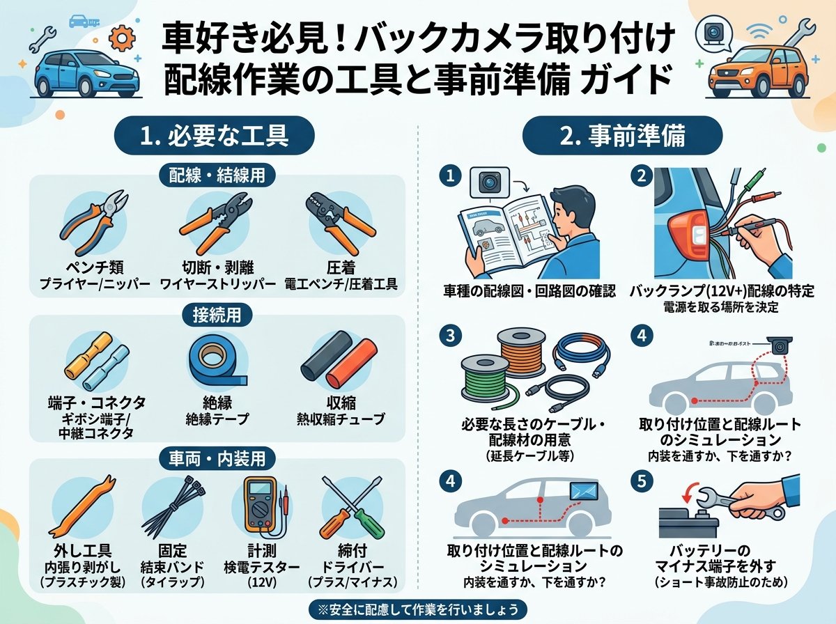 バックカメラ取り付けの配線作業に必要な工具と事前準備