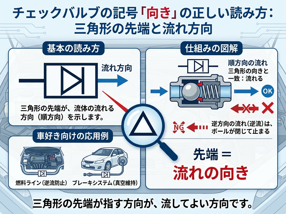 チェックバルブの記号「向き」の正しい読み方：三角形の先端と流れ方向