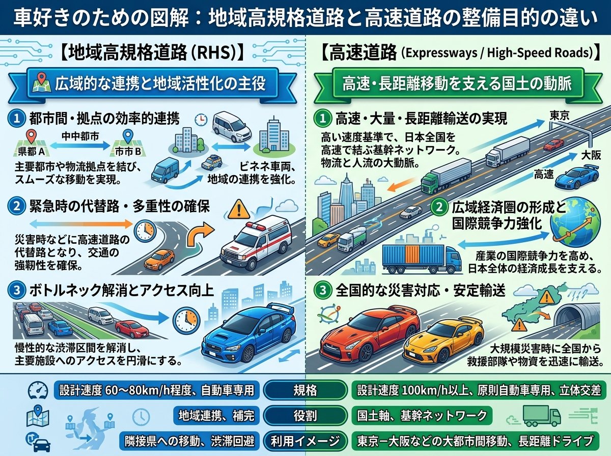 地域高規格道路と高速道路の整備目的の違い