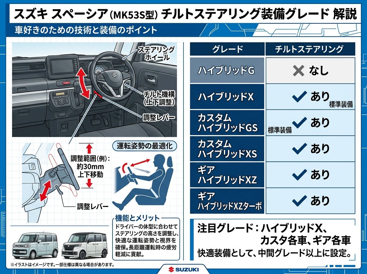 スペーシアのチルトステアリング装備グレード