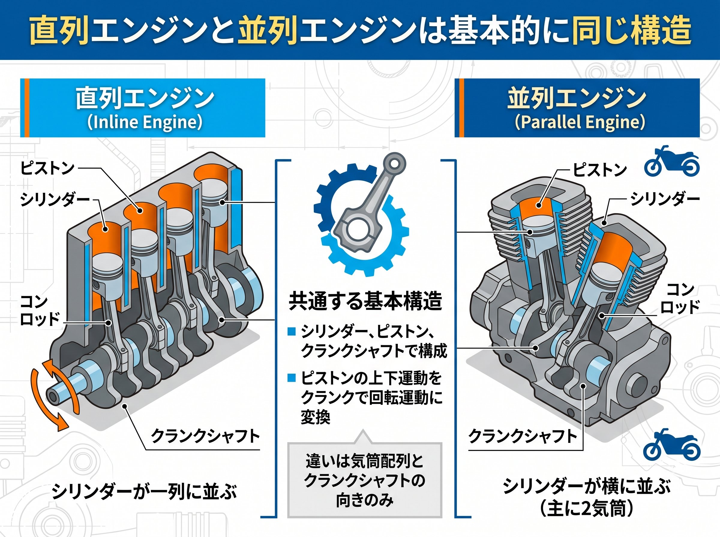 直列エンジンと並列エンジンは基本的に同じ構造