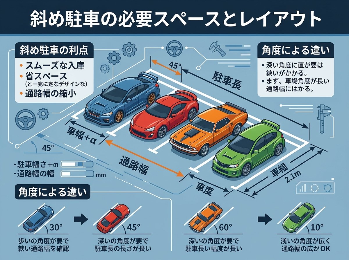 駐車場斜め駐車の必要スペースとレイアウト