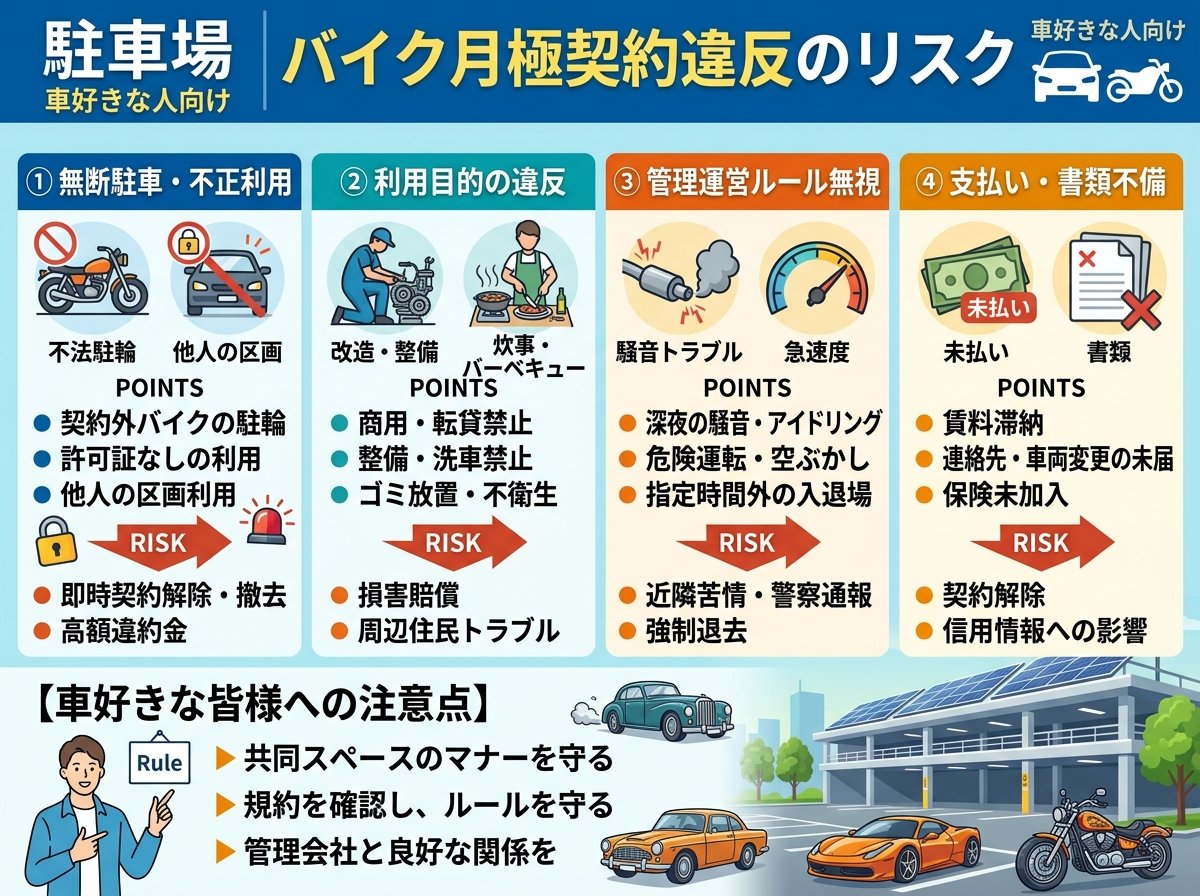 駐車場にバイク月極で発生する契約違反のリスク