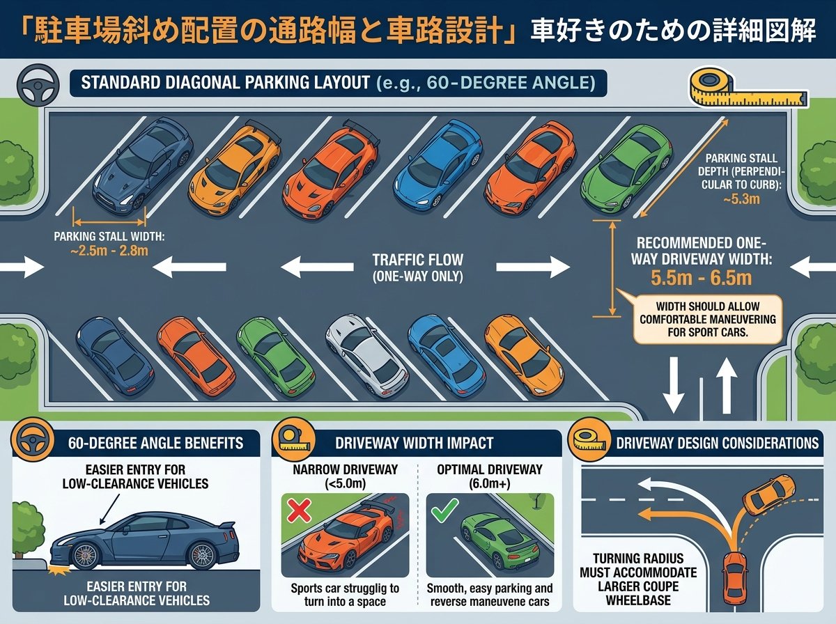 駐車場斜め配置の通路幅と車路設計
