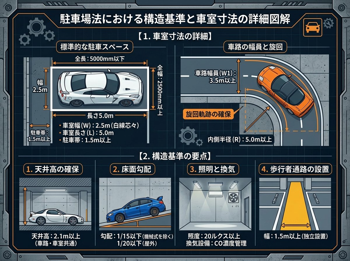 駐車場法の構造基準と車室寸法の詳細