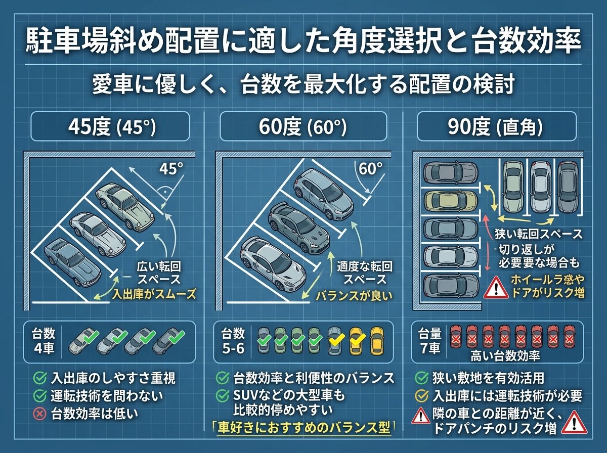 駐車場斜め配置に適した角度選択と台数効率