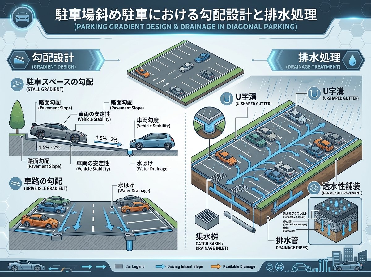 駐車場斜め駐車における勾配設計と排水処理