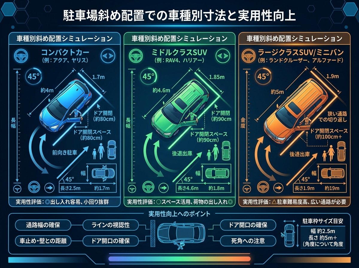 駐車場斜め配置での車種別寸法と実用性向上