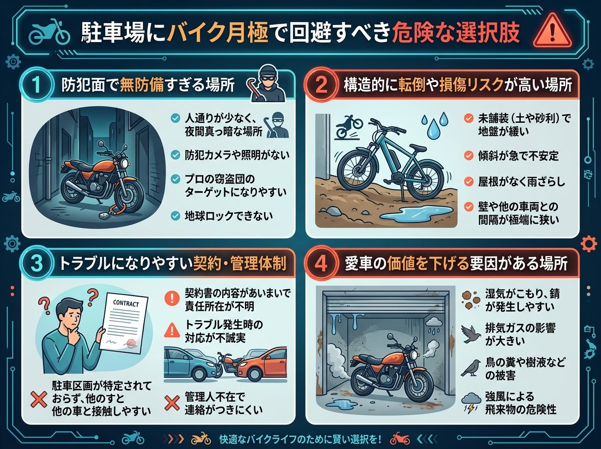 駐車場にバイク月極で回避すべき危険な選択肢