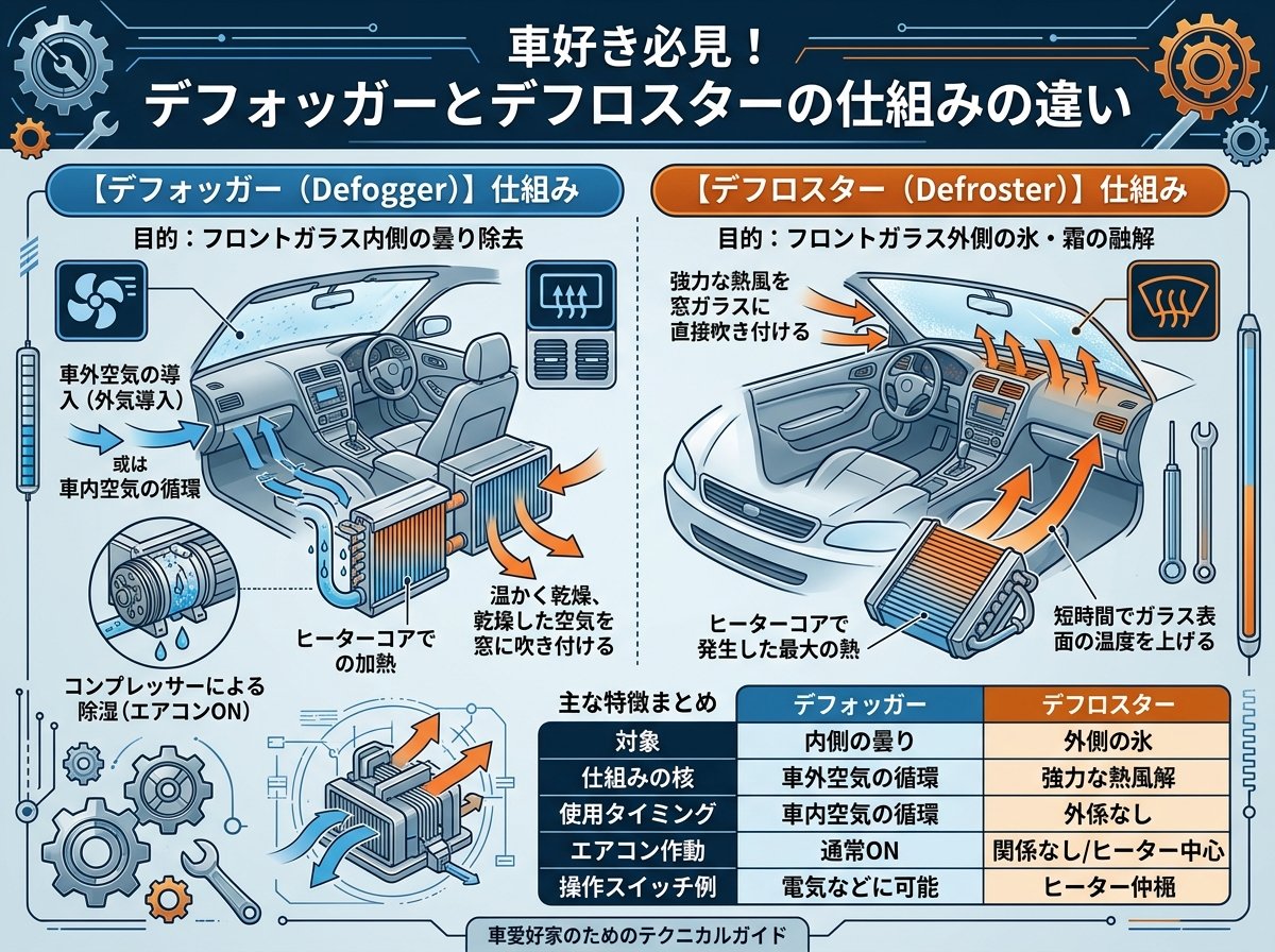 デフォッガーとデフロスターの仕組みの違い