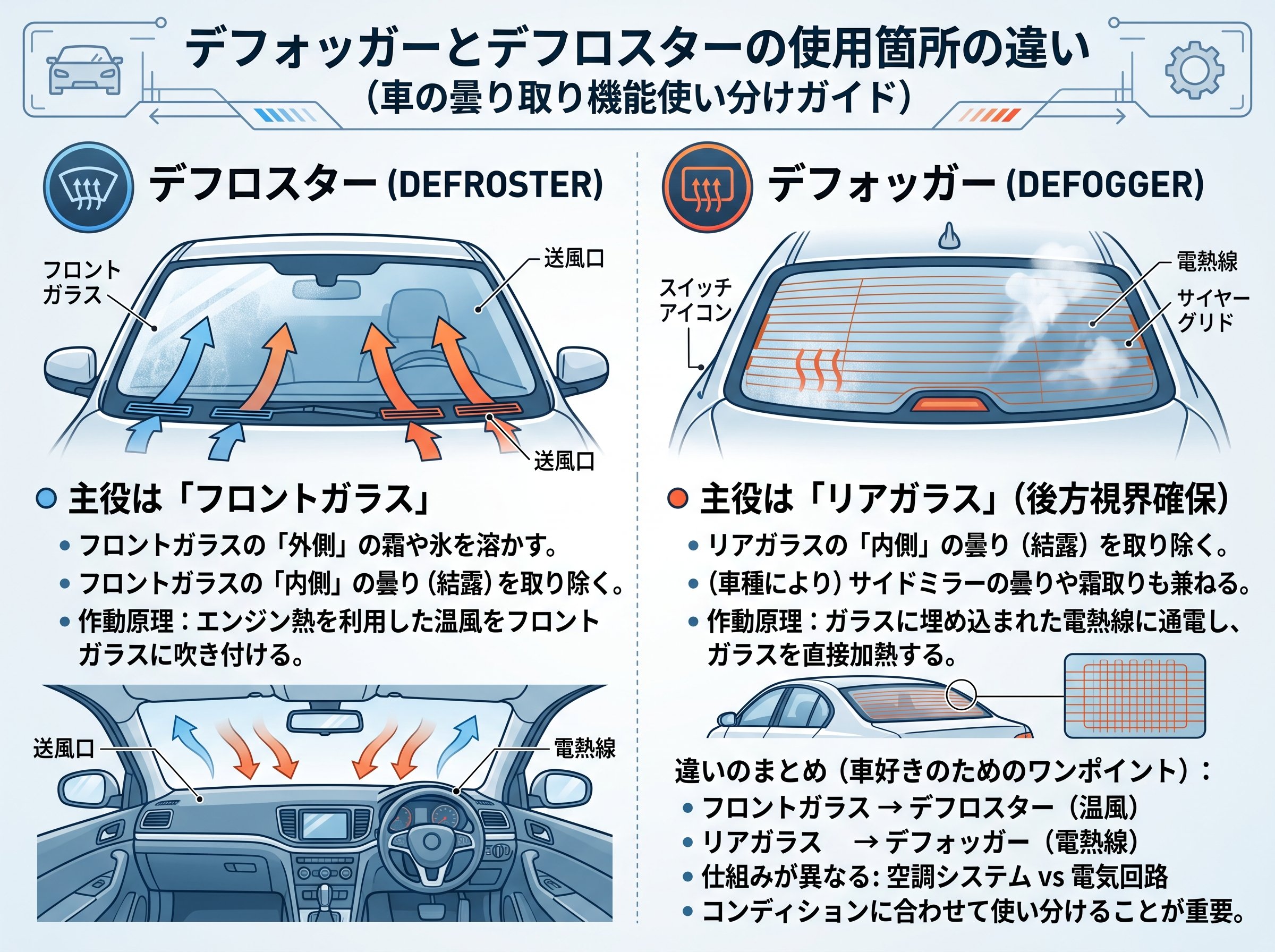 デフォッガーとデフロスターの使用箇所の違い