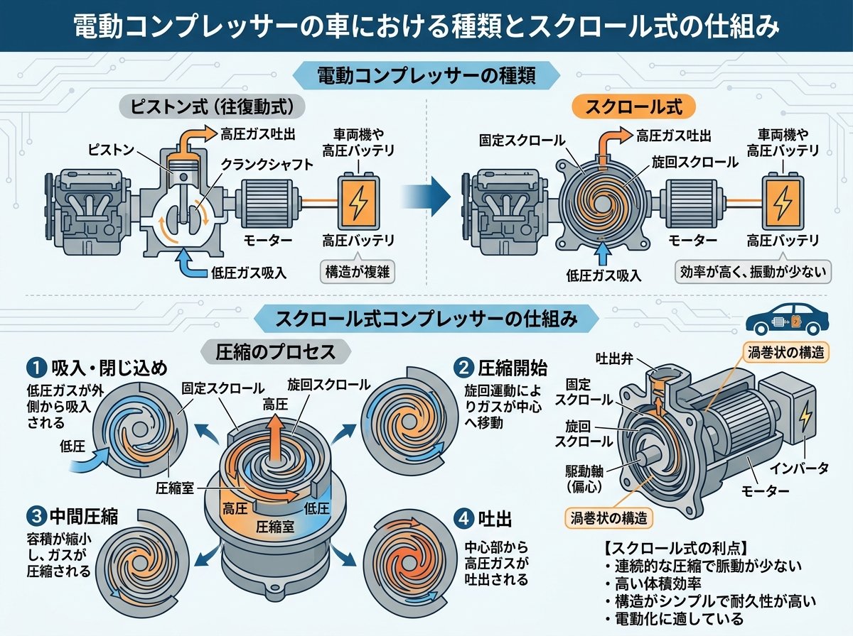 電動コンプレッサーの車における種類とスクロール式の仕組み