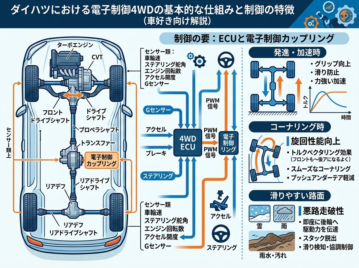 電子制御4WDのダイハツにおける基本的な仕組みと制御の特徴