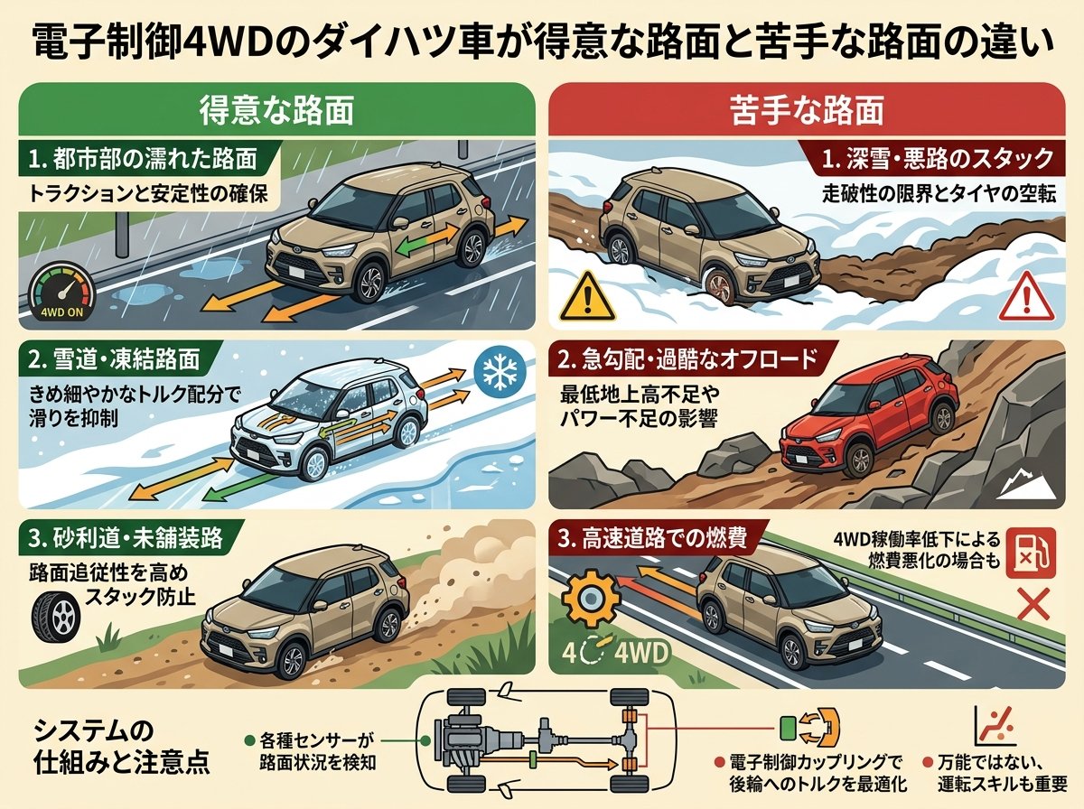 電子制御4WDのダイハツ車が得意な路面と苦手な路面の違い