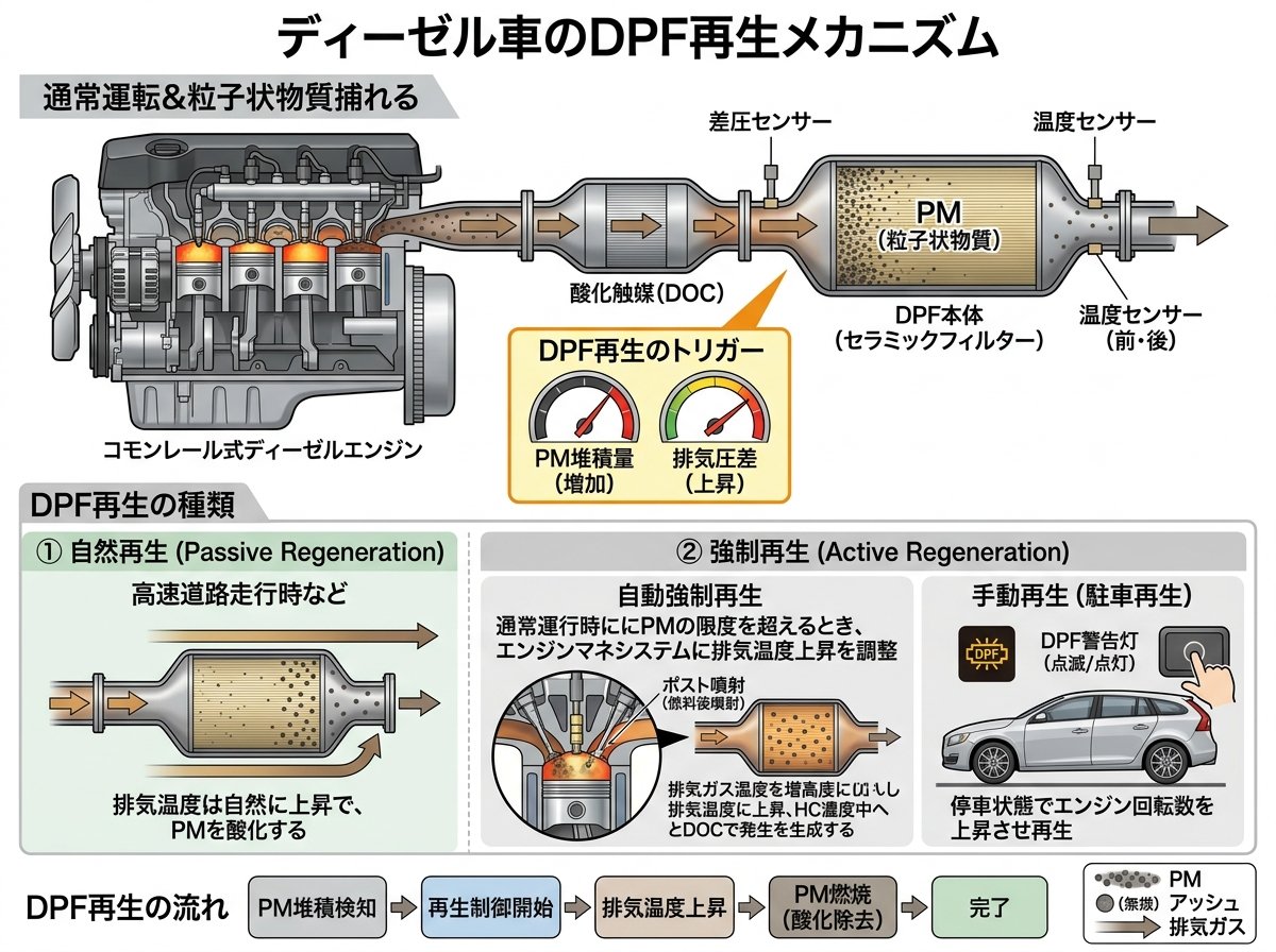 ディーゼル車のDPF再生メカニズム