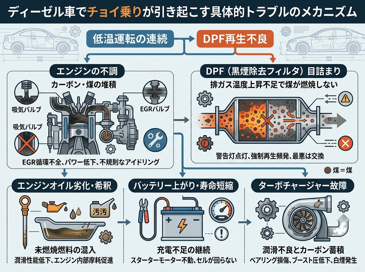 ディーゼル車でチョイ乗りが引き起こす具体的トラブル