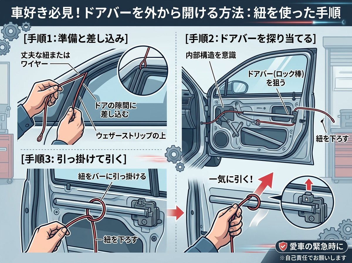ドアバーを外から開ける方法:紐を使った手順