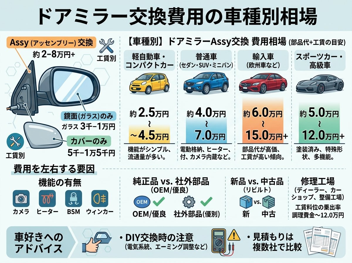 ドアミラー交換費用の車種別相場