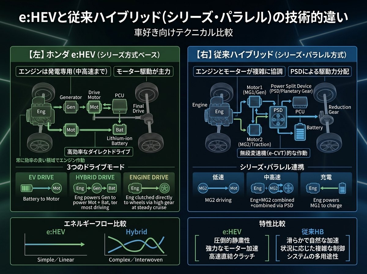 e:HEVと従来ハイブリッドの技術的違い