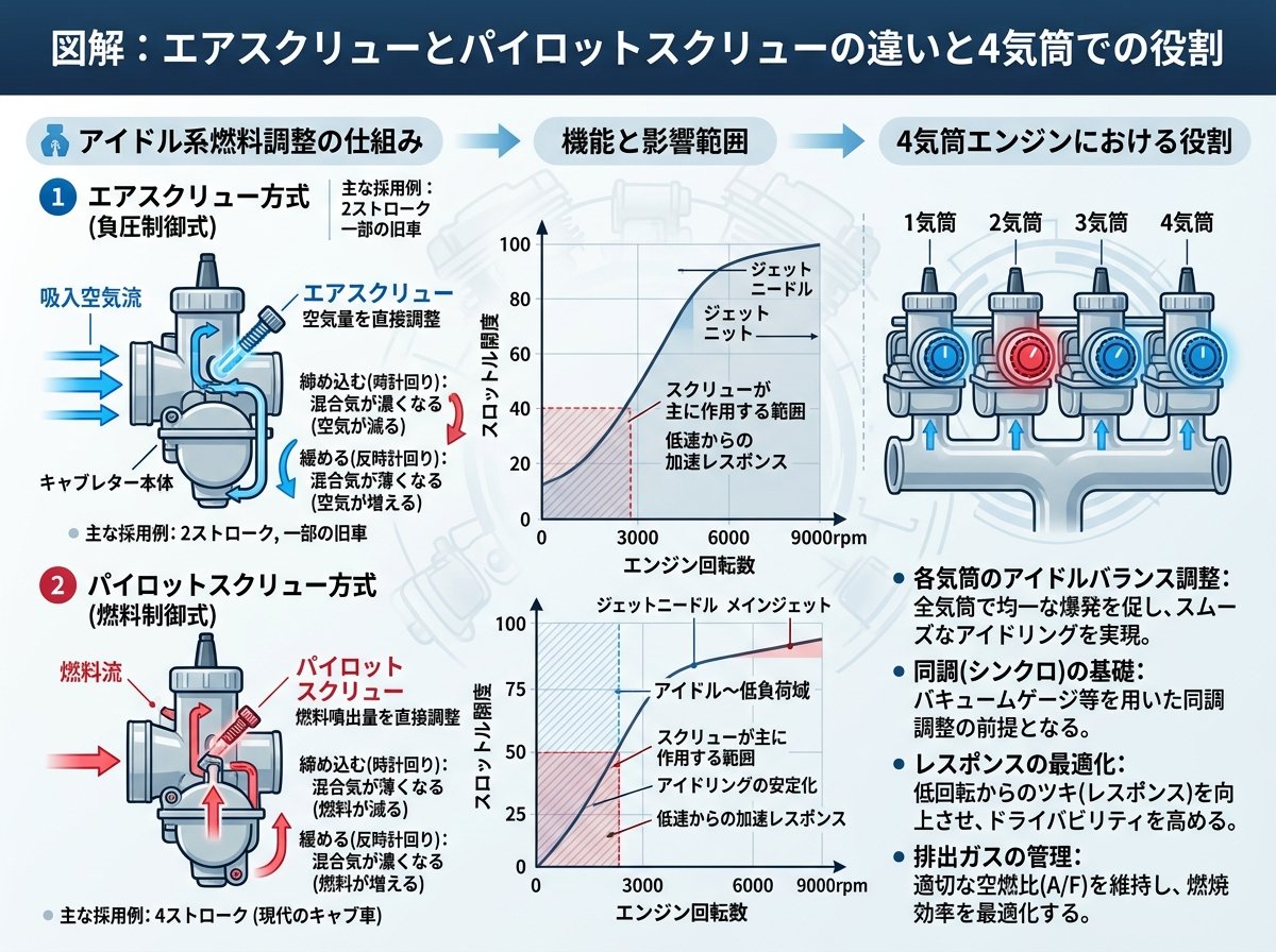 エアスクリューとパイロットスクリューの違いと4気筒での役割