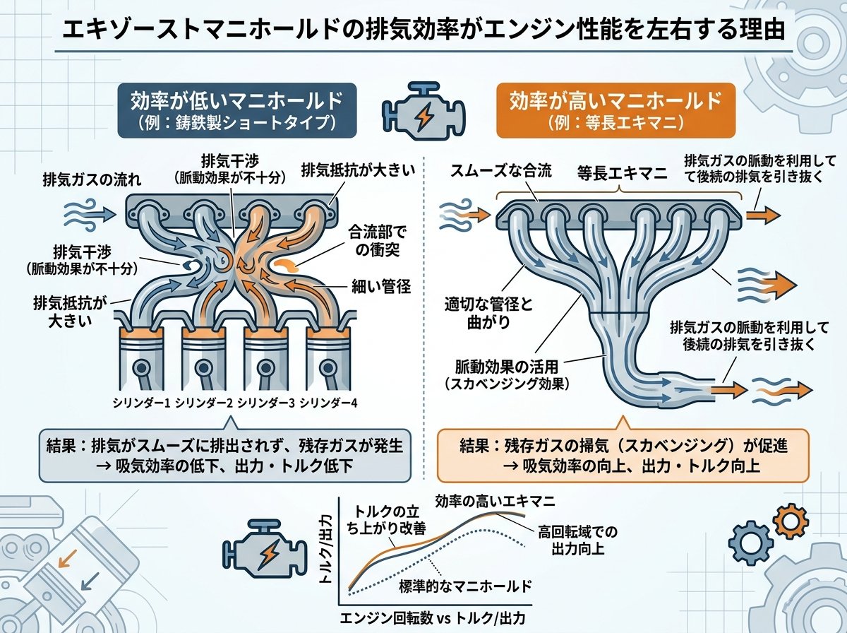 エキゾーストマニホールドの排気効率がエンジン性能を左右する理由