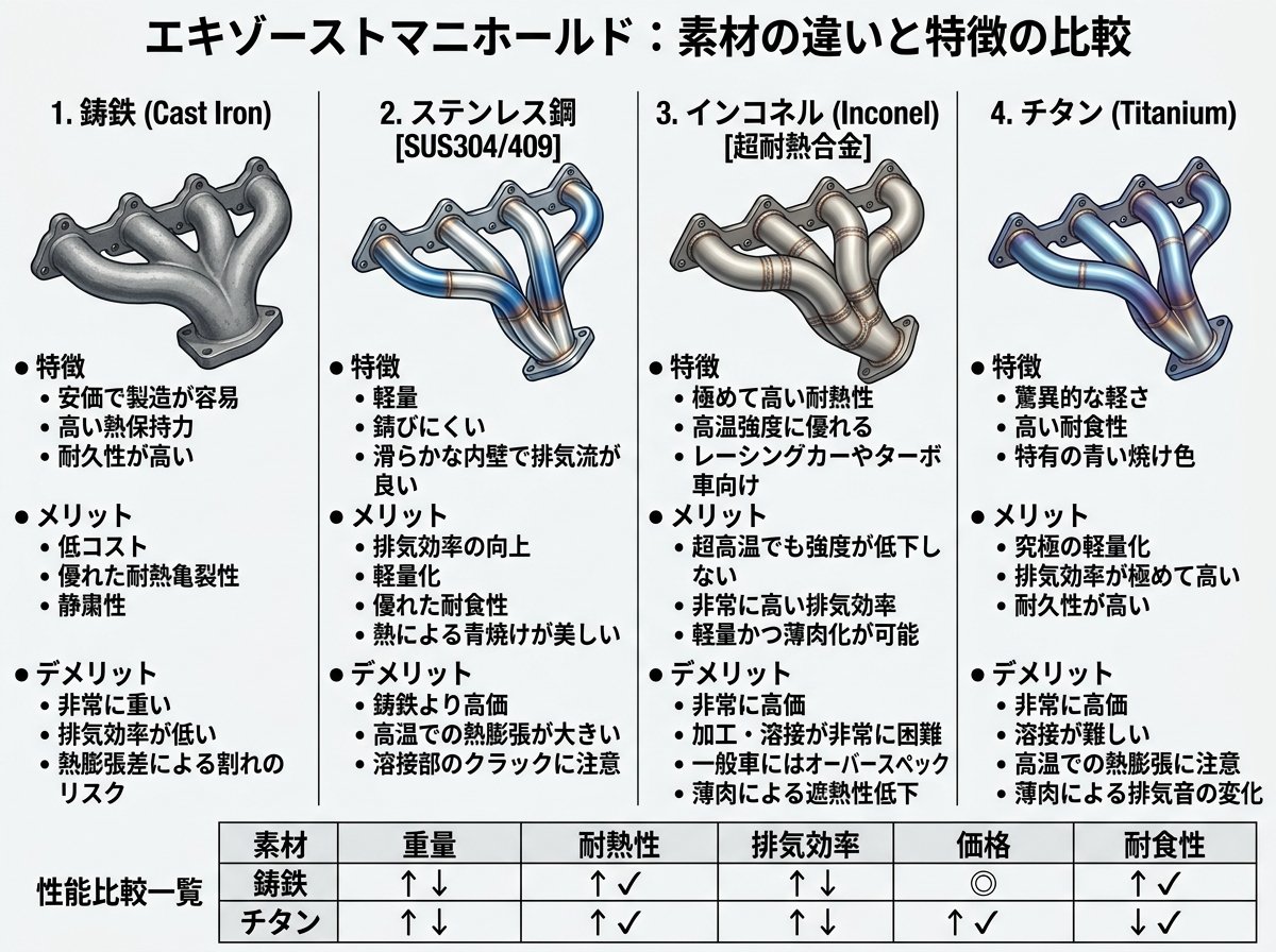 エキゾーストマニホールドの素材の違いと特徴を比較する