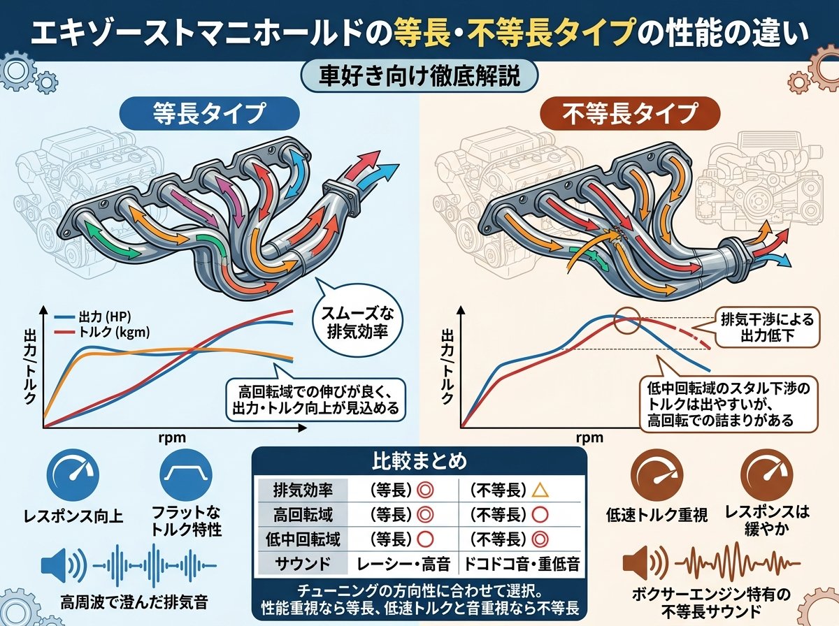 エキゾーストマニホールドの等長・不等長タイプの性能の違い