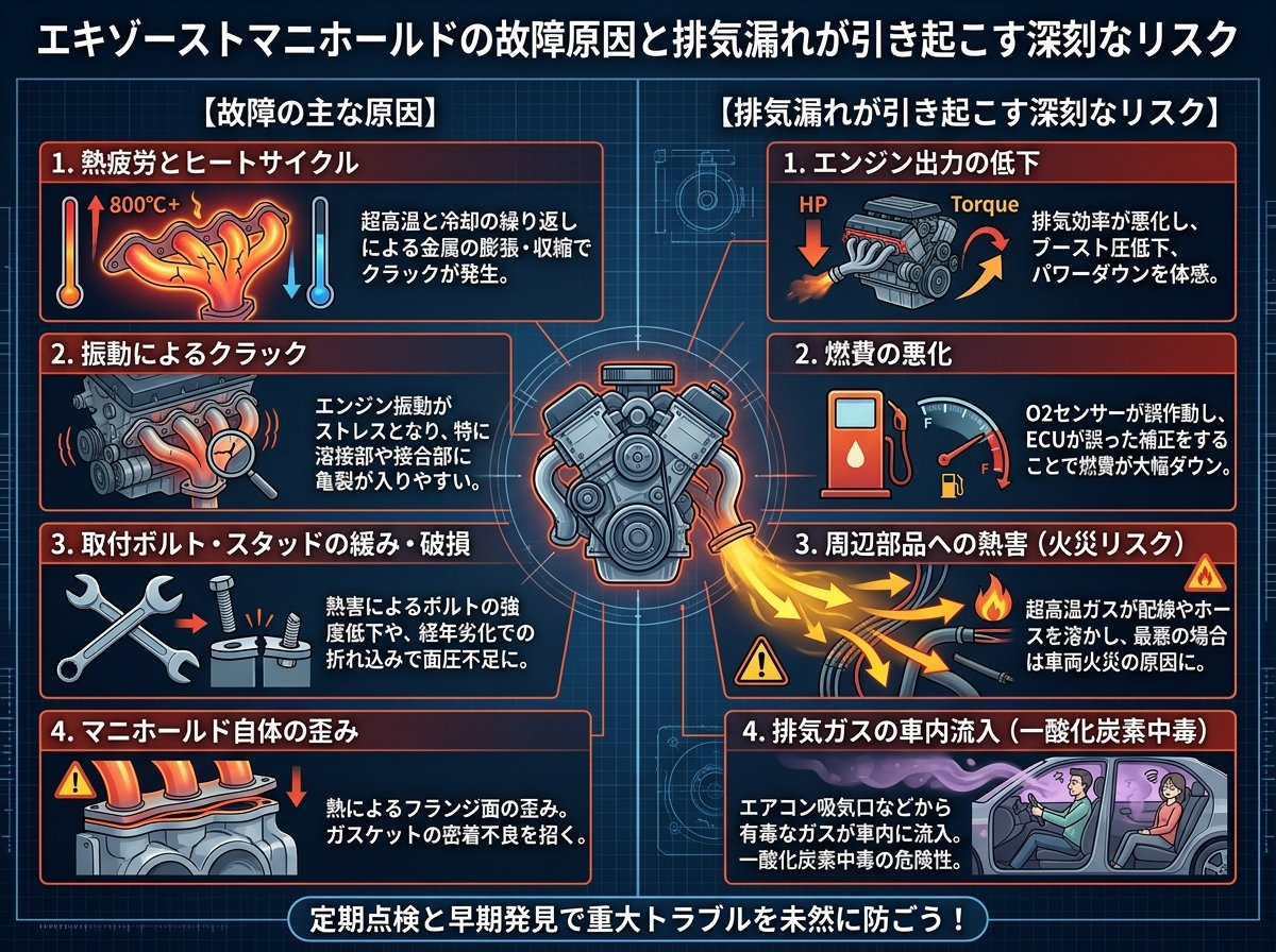 エキゾーストマニホールドの故障原因と排気漏れが引き起こす深刻なリスク