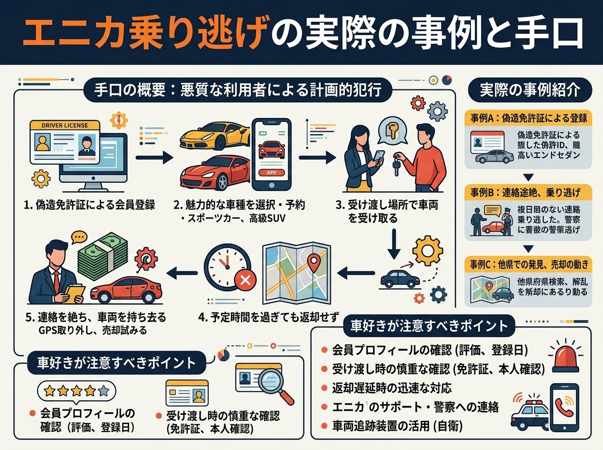 エニカ乗り逃げの実際の事例と手口