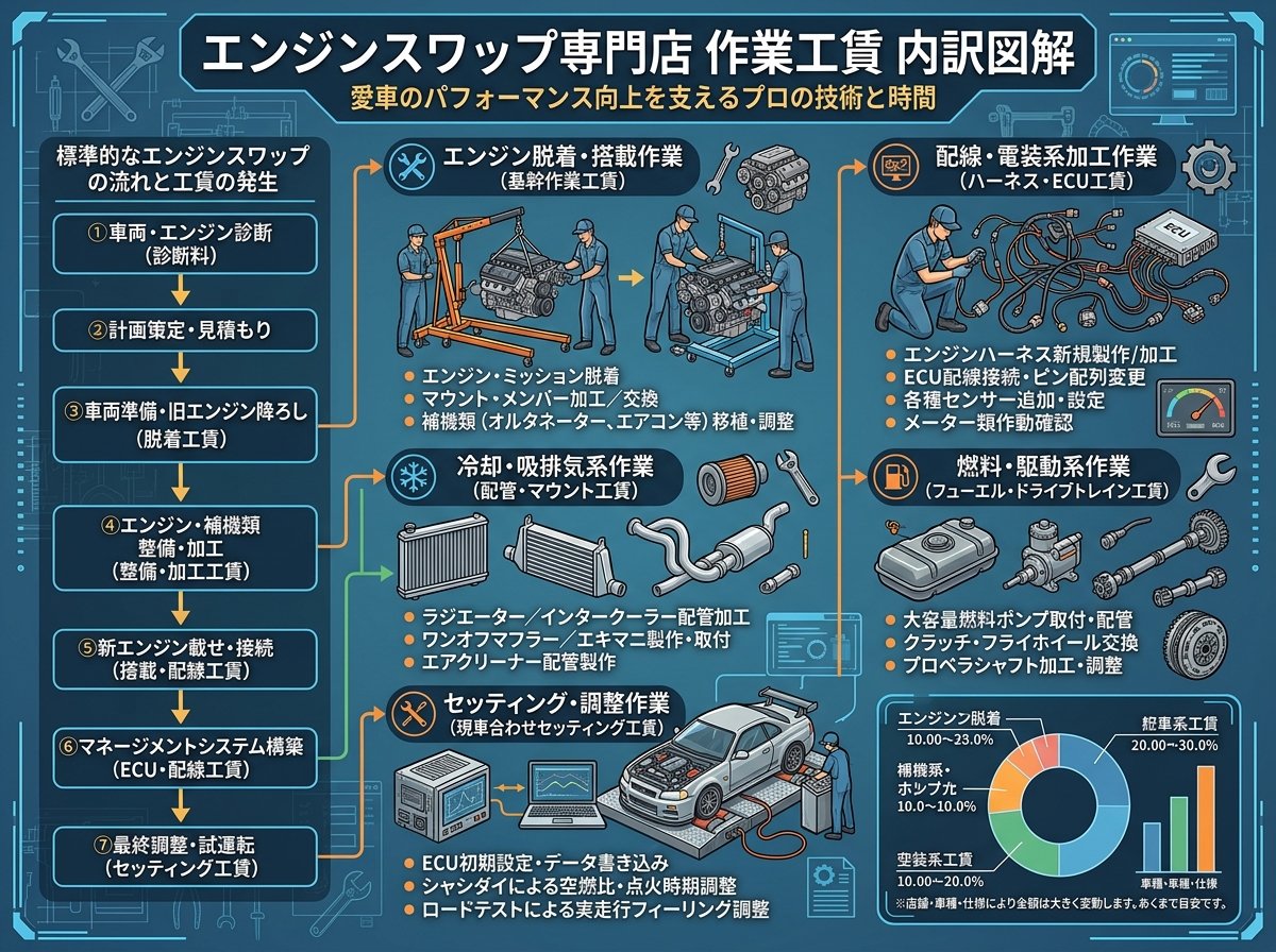エンジンスワップ専門店の作業工賃内訳