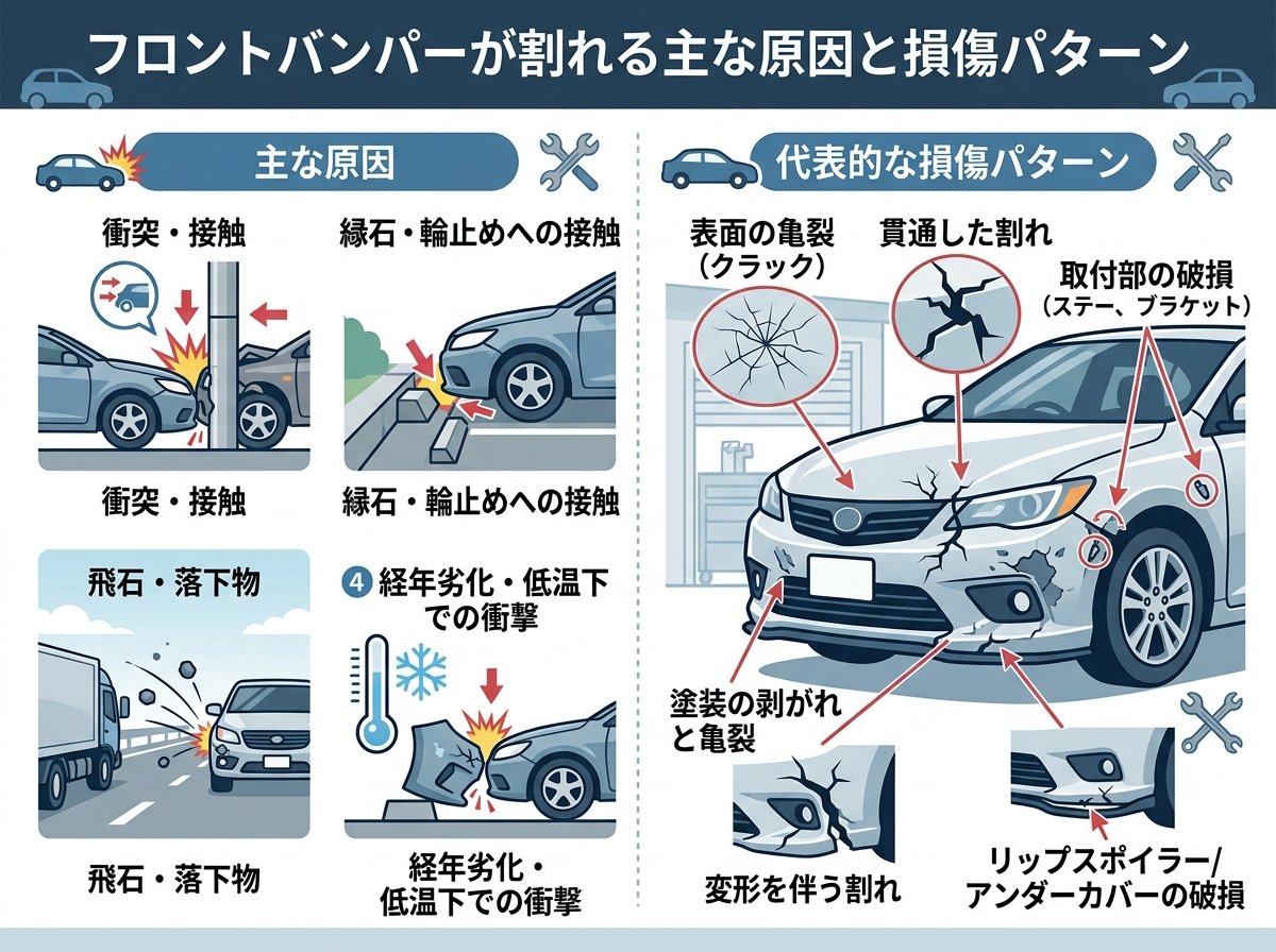 フロントバンパーが割れる主な原因と損傷パターン