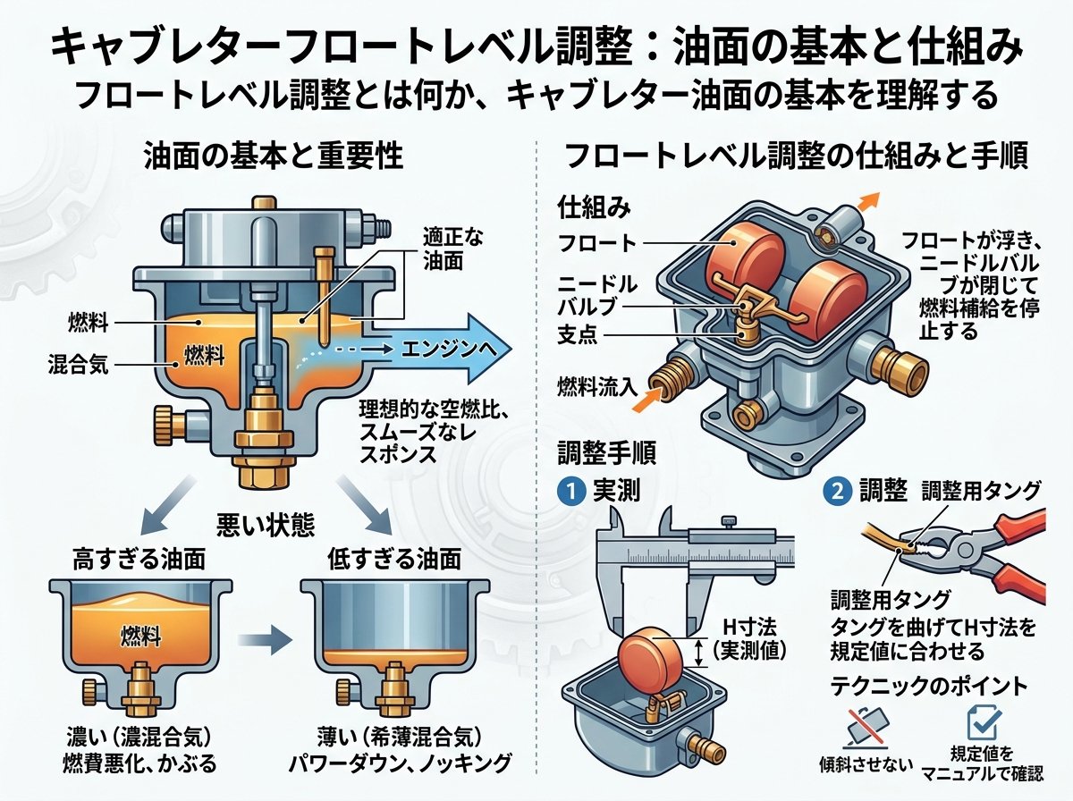 フロートレベル調整とは何か、キャブレター油面の基本を理解する