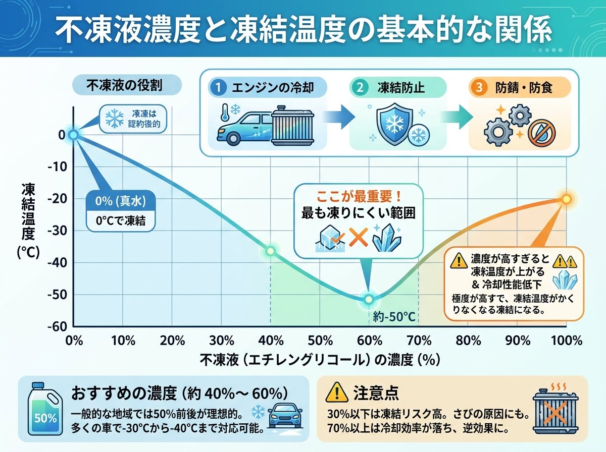 不凍液濃度と凍結温度の基本的な関係