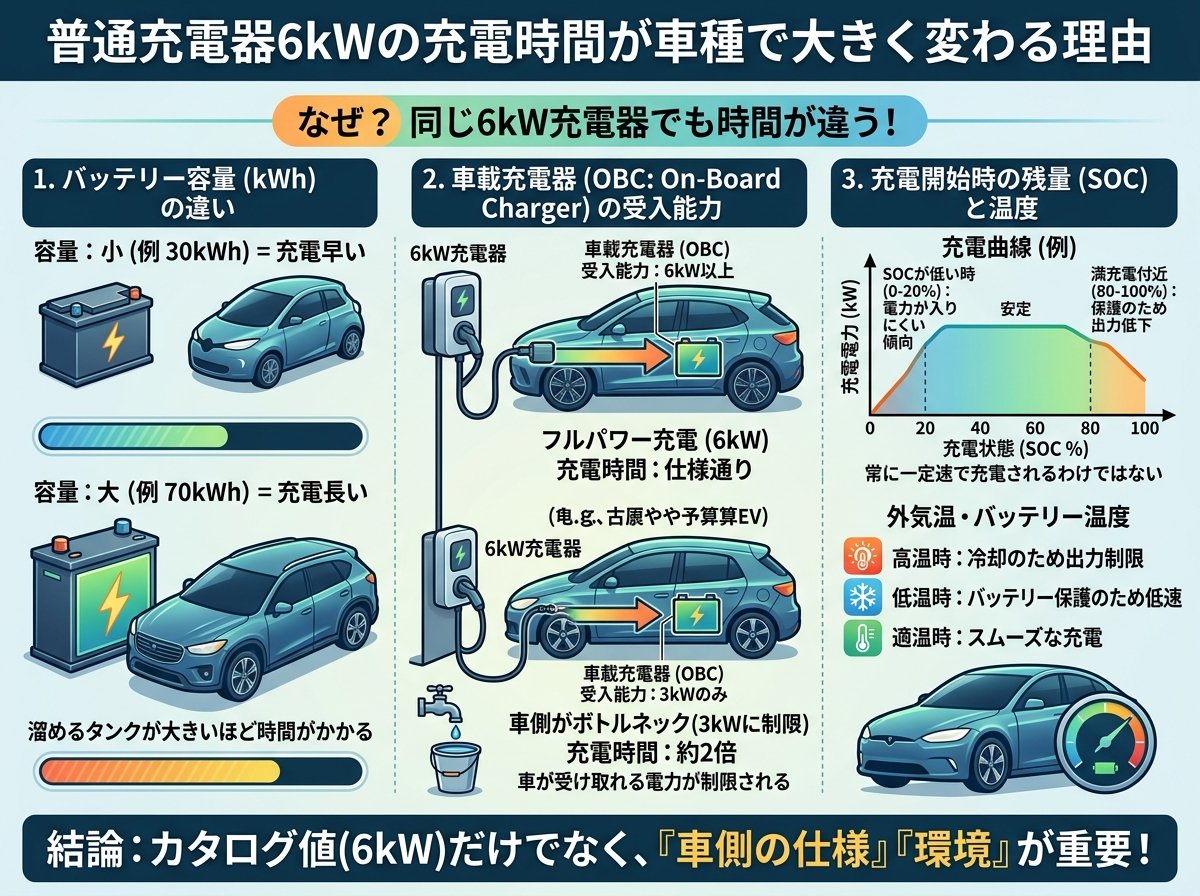 普通充電器6kWの充電時間が車種で大きく変わる理由
