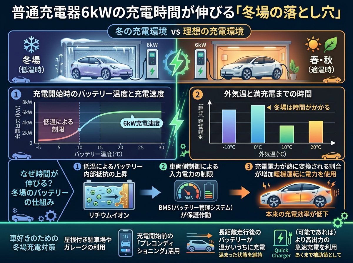 普通充電器6kWの充電時間が伸びる「冬場の落とし穴」