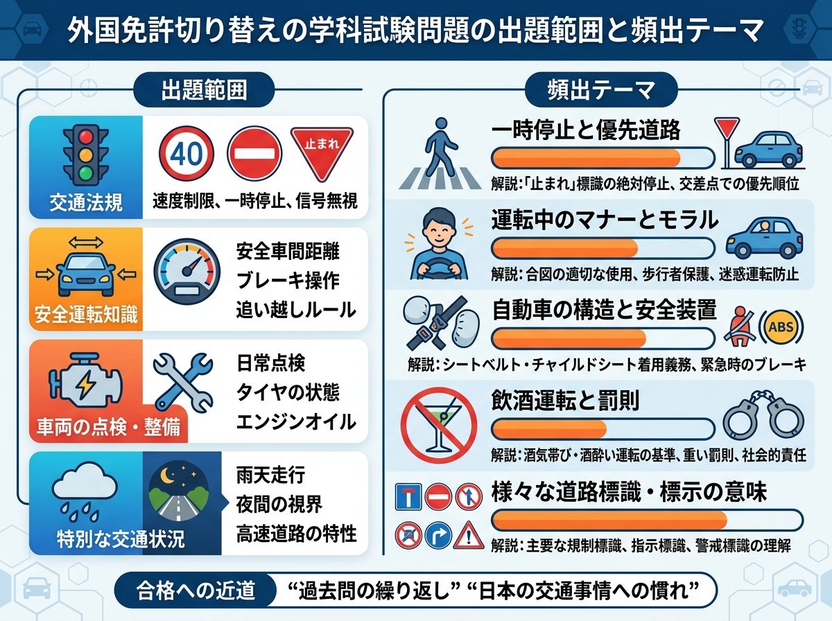 外国免許切り替えの学科試験問題の出題範囲と頻出テーマ