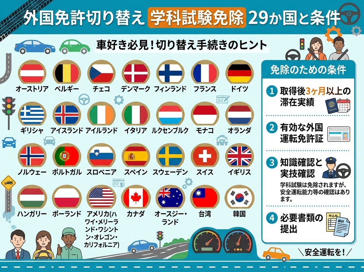 外国免許切り替えで学科試験が免除される29か国と条件