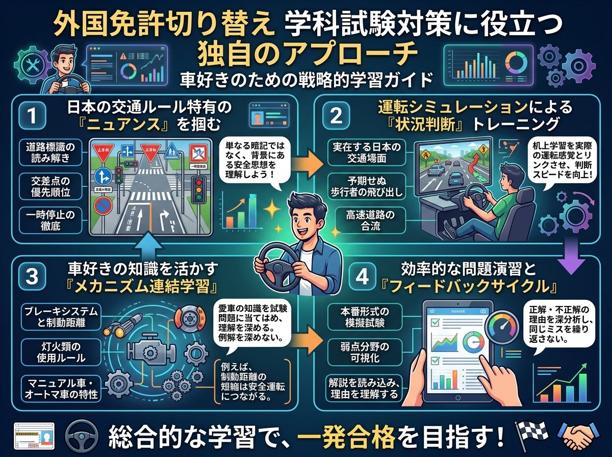 外国免許切り替えの学科試験対策に役立つ独自のアプローチ