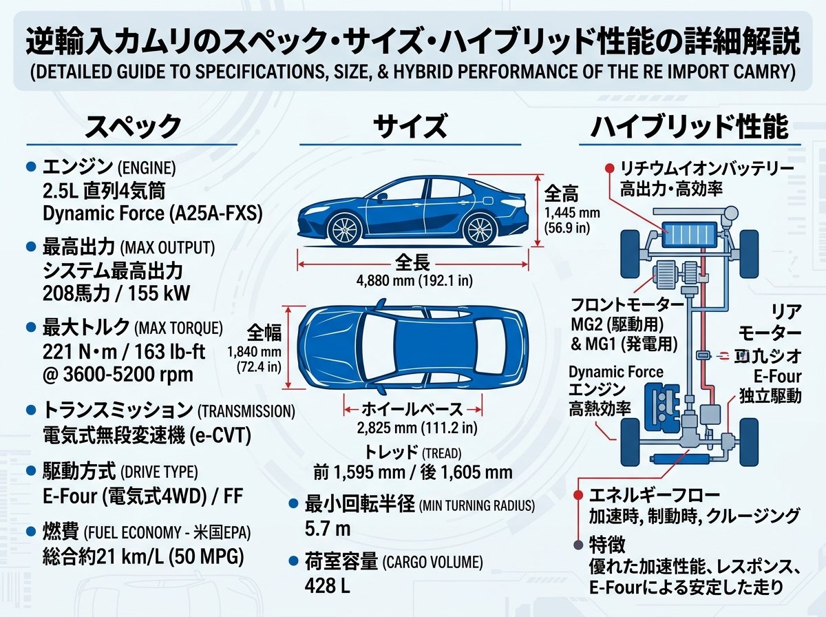 逆輸入カムリのスペック・サイズ・ハイブリッド性能の詳細