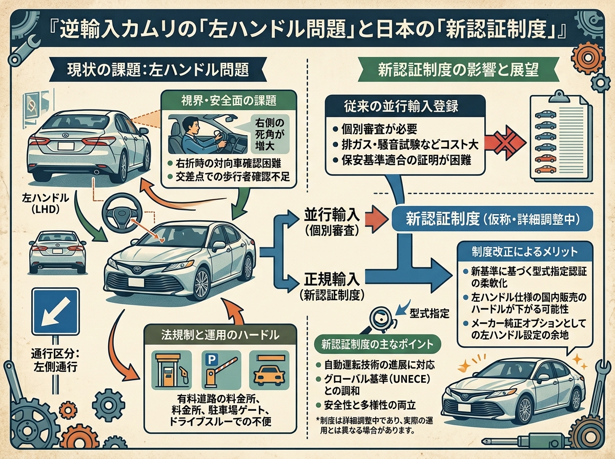 逆輸入カムリの左ハンドル問題と日本の新認証制度