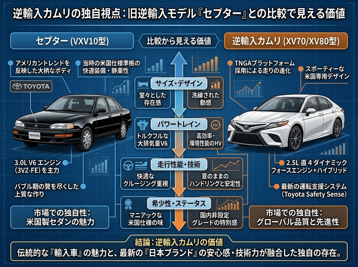 逆輸入カムリの独自視点：旧逆輸入モデル「セプター」との比較で見える価値
