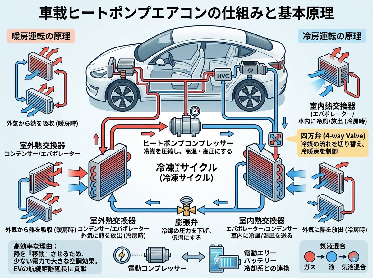 ヒートポンプエアコンが車に搭載される仕組みと基本原理