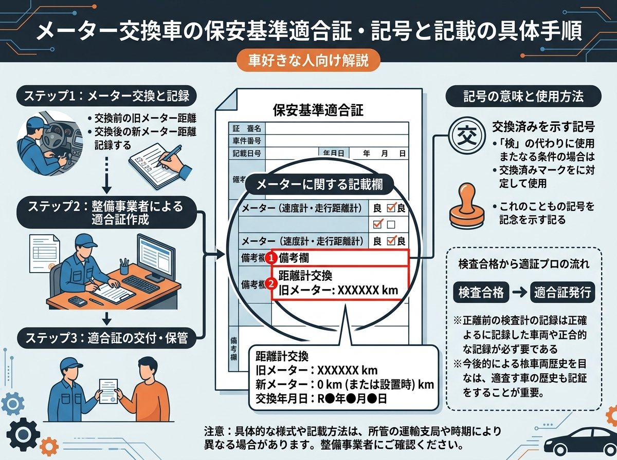 メーター交換車の保安基準適合証・記号と記載の具体手順
