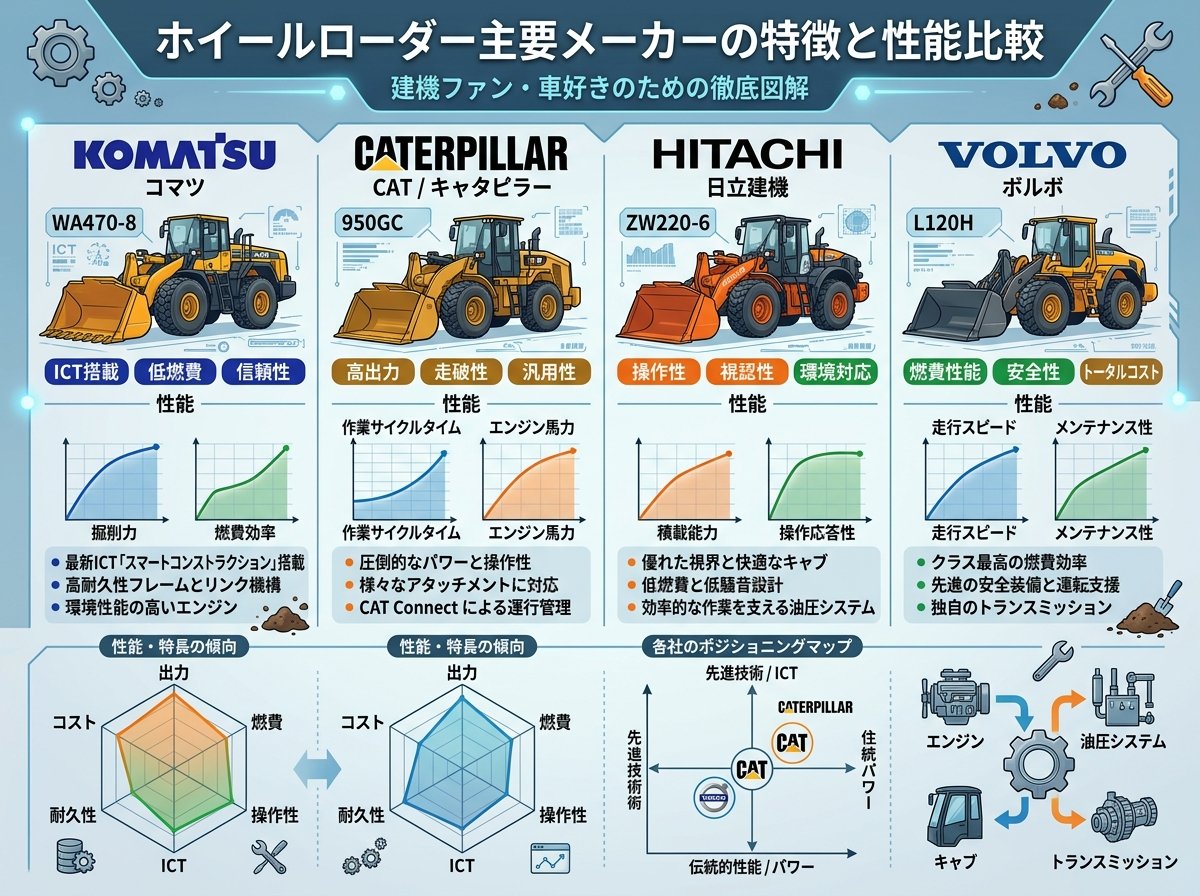 ホイールローダー主要メーカーの特徴と性能比較